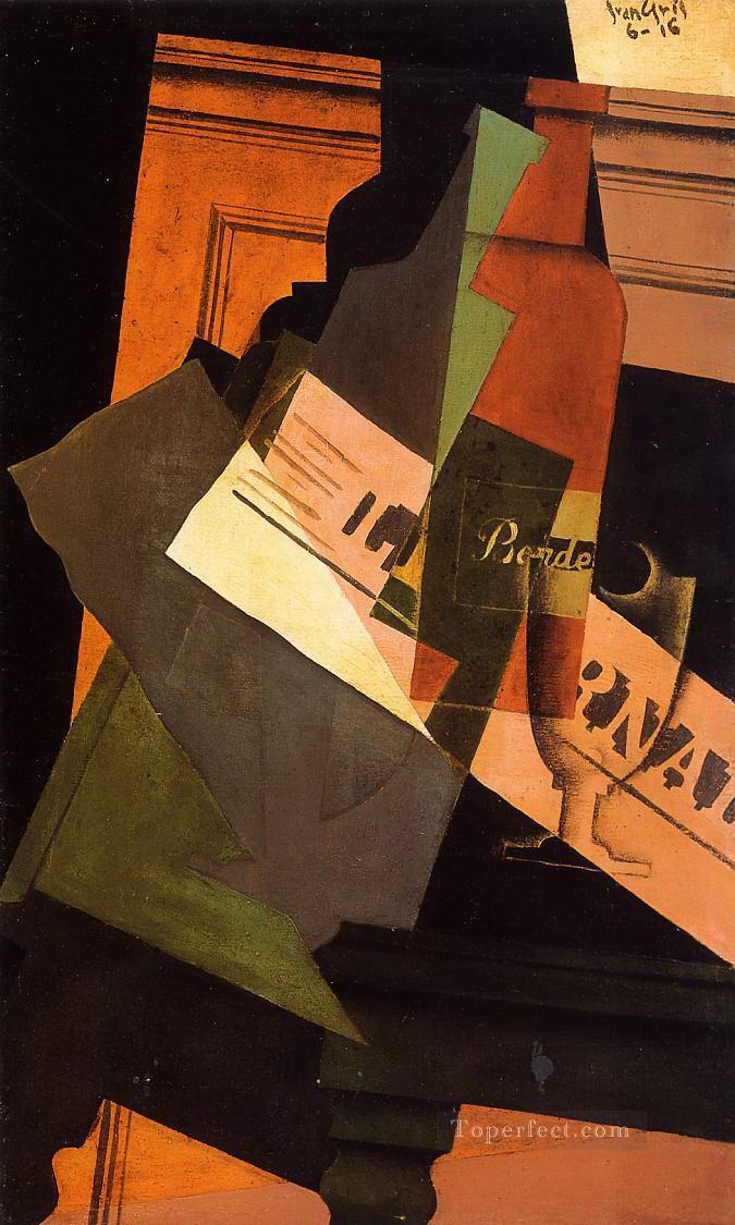 bottle glass and newspaper Juan Gris Oil Paintings